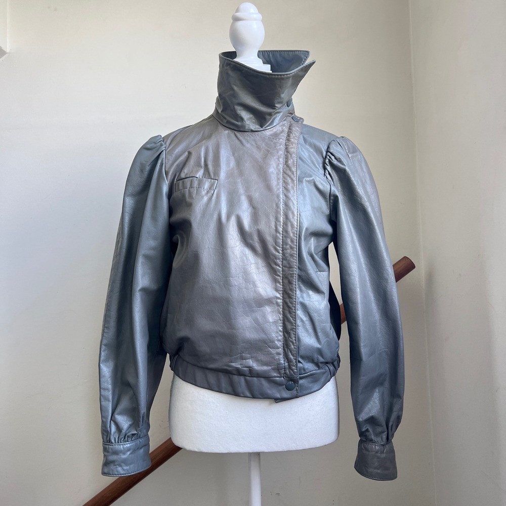 Vintage 80s Leather Jacket Small Gray Stand Collar Funnel Neck Retro Avant Garde